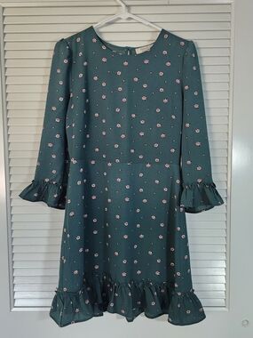 Green Floral Ruffle-Hem Dress